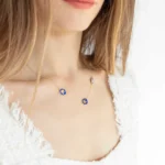 Dark Blue Enamel Violet Design Silver Charm Necklace